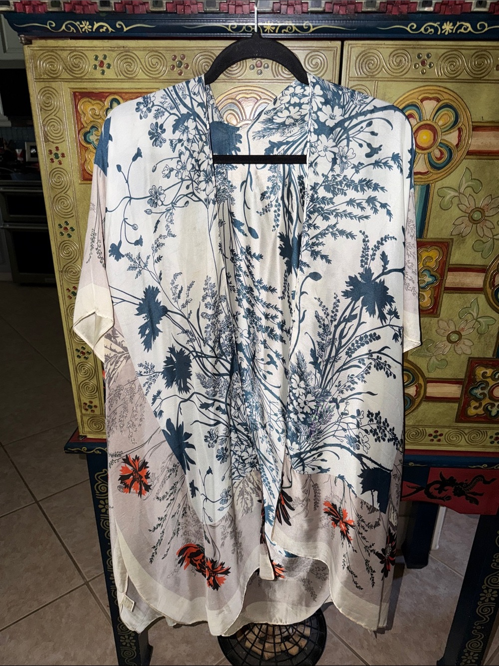 Sheer Kimono Cover-Up in Cream, Navy & Orange exquisite washable lightweight - Picture 3 of 17